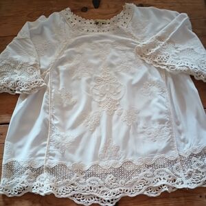 Democracy Cream Crochet Lace Embroidered Applique Top Flowy Boho Lightweight 2X